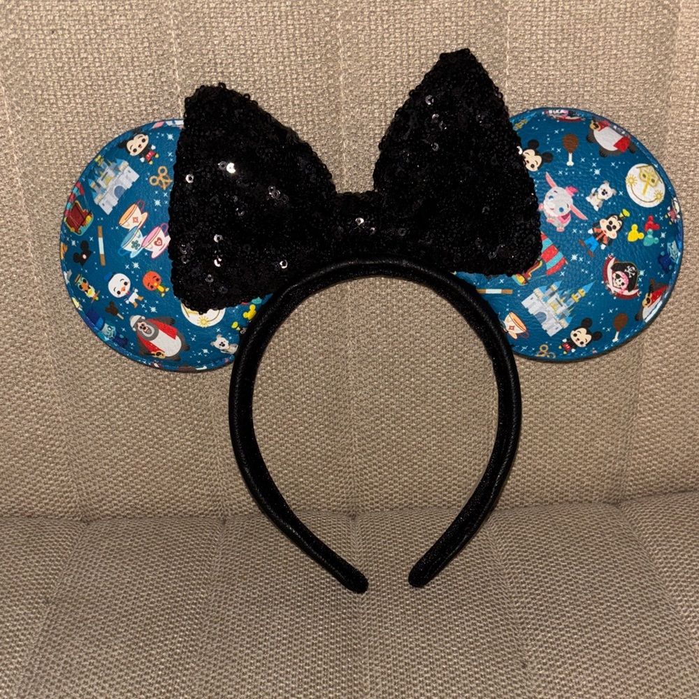 Loungefly Black Sequin Bow Blue Character Print Minnie Ears Headband